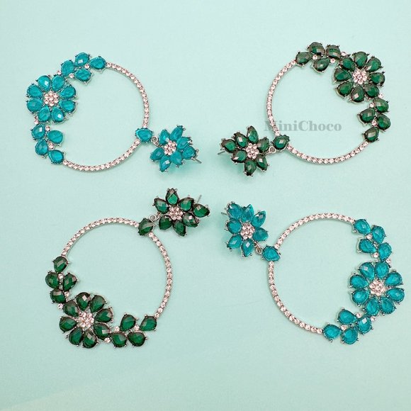 Royal Green Chandelier Crystal Flower Post Earrings - Picture 7 of 8